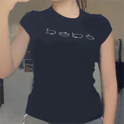 Women Punk Vintage Rhinestone Crop Tops Y2K Clothes Bling Bebe Letter T-shirt Black Goth Clothes Summer Top Short Sleeve T Shirt