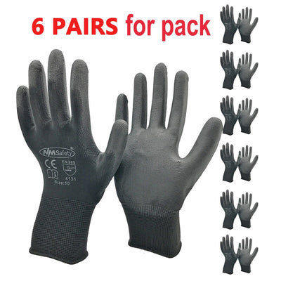 24Pieces/12 Pairs Safety Working Gloves Black Pu Nylon Cotton Glove Industrial Protective Work Gloves NMSafety Brand Supplier